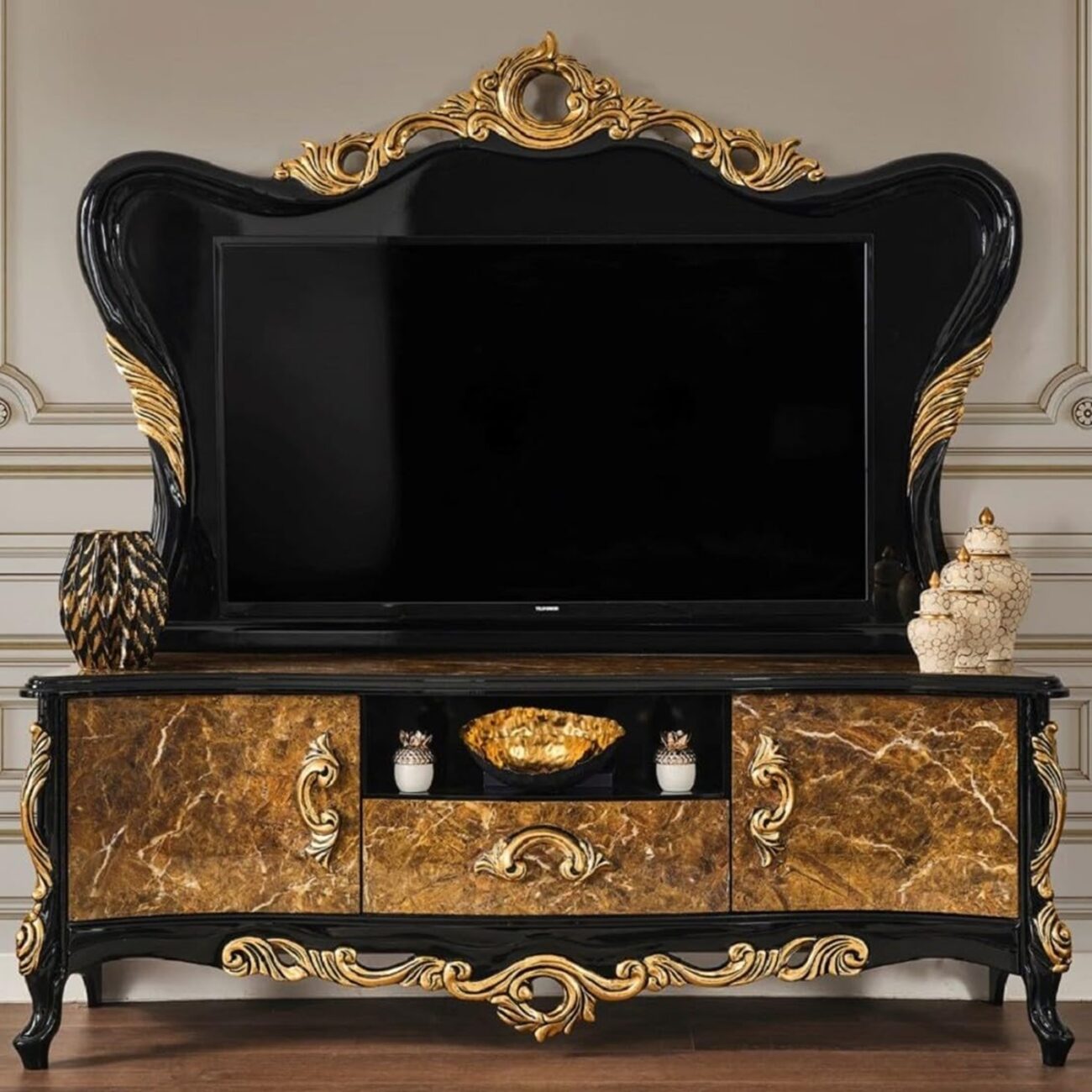 Luxury Baroque TV Cabinet Brown/Black/Gold