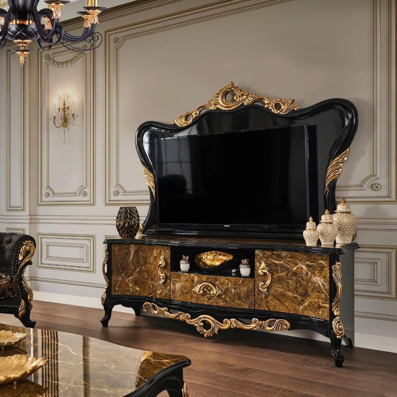Luxury Baroque TV Cabinet Brown/Black/Gold - Image 2