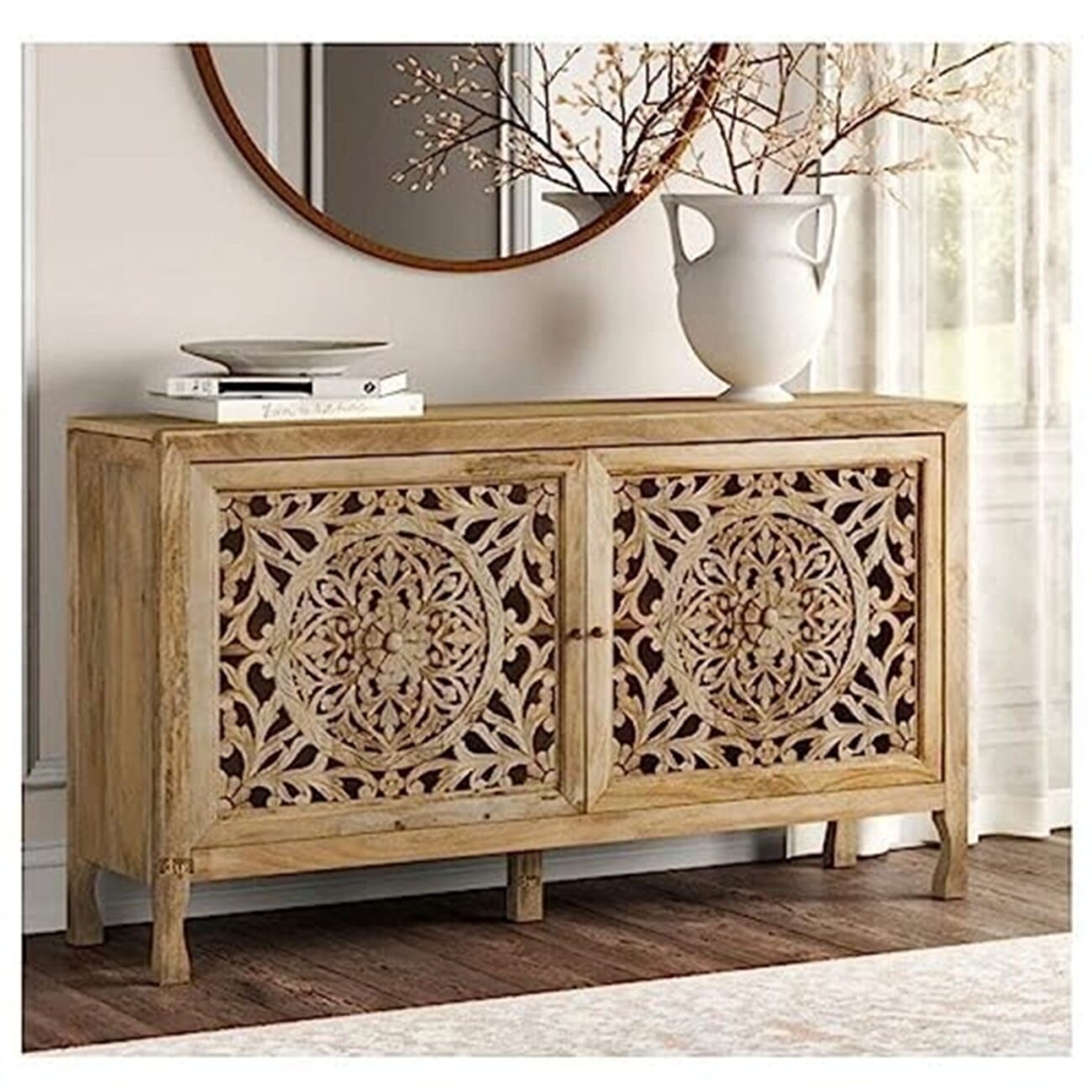 Classic Wood and Craft Wooden Geomatric Pattern Intricate Storage Side Board