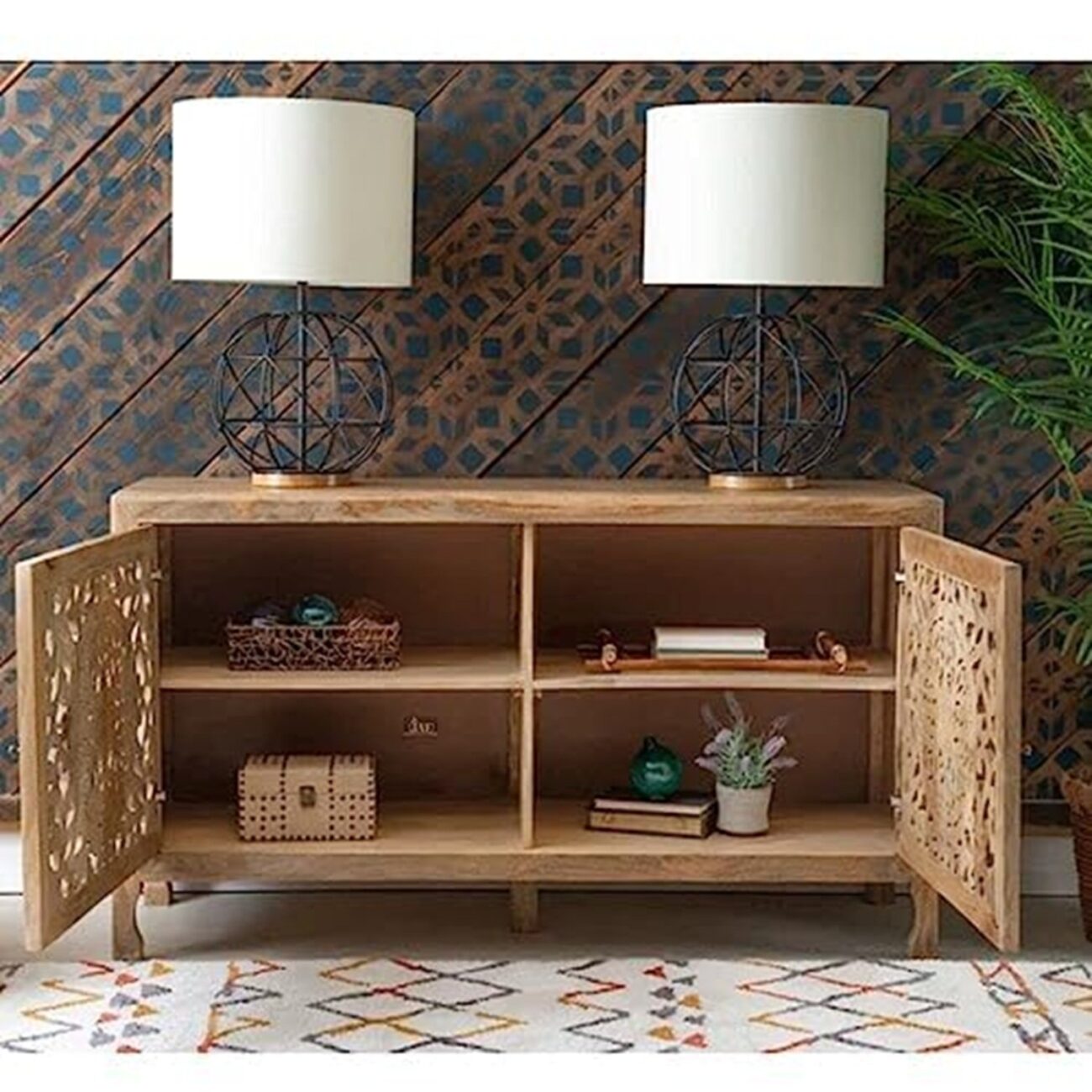Classic Wood and Craft Wooden Geomatric Pattern Intricate Storage Side Board - Image 2