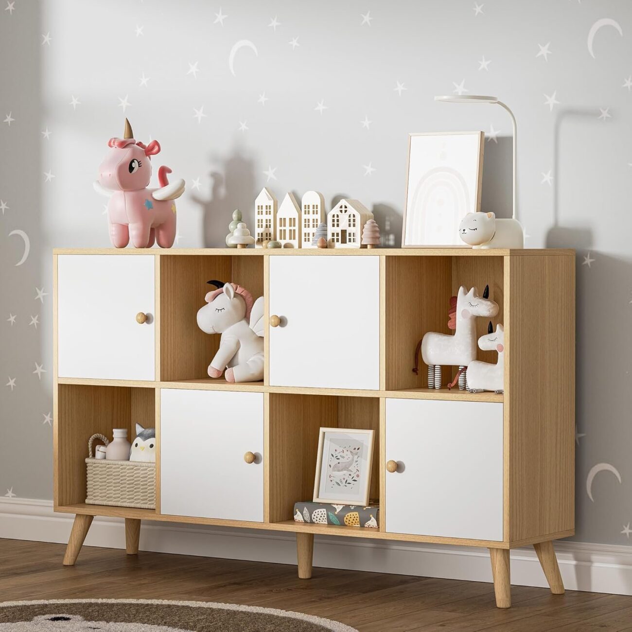 Oak and White 8 Cube Book Shelf with Doors
