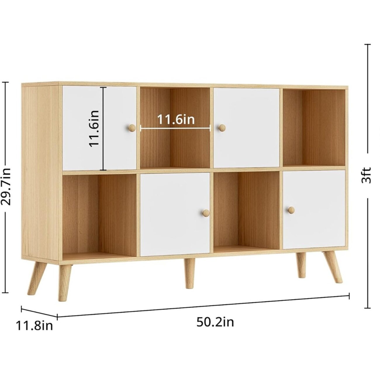 Oak and White 8 Cube Book Shelf with Doors - Image 2