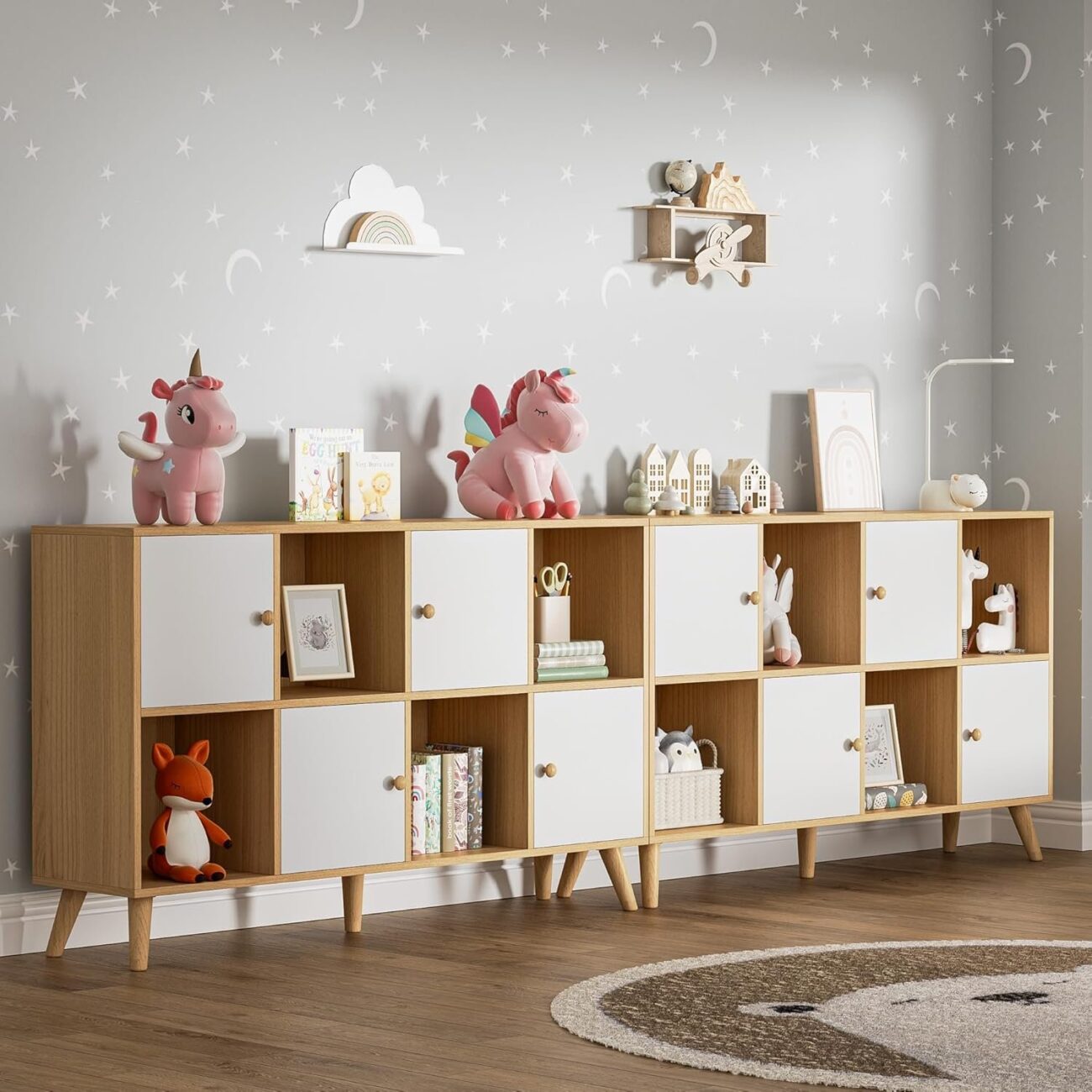 Oak and White 8 Cube Book Shelf with Doors - Image 3