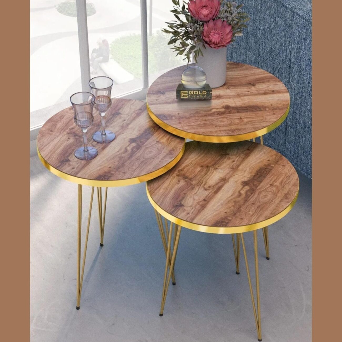 Set of 3 Nesting Table Elegant Round Top with Metal Golden Legs