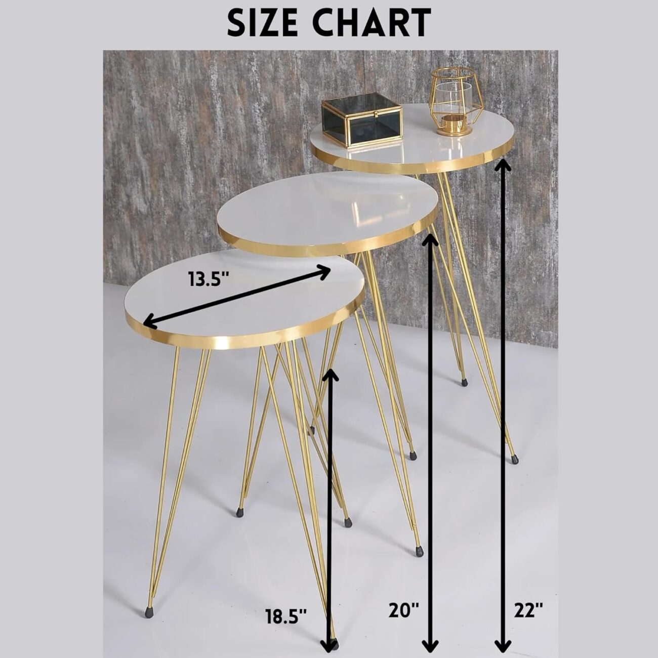 Set of 3 Nesting Table Elegant Round Top with Metal Golden Legs - Image 2