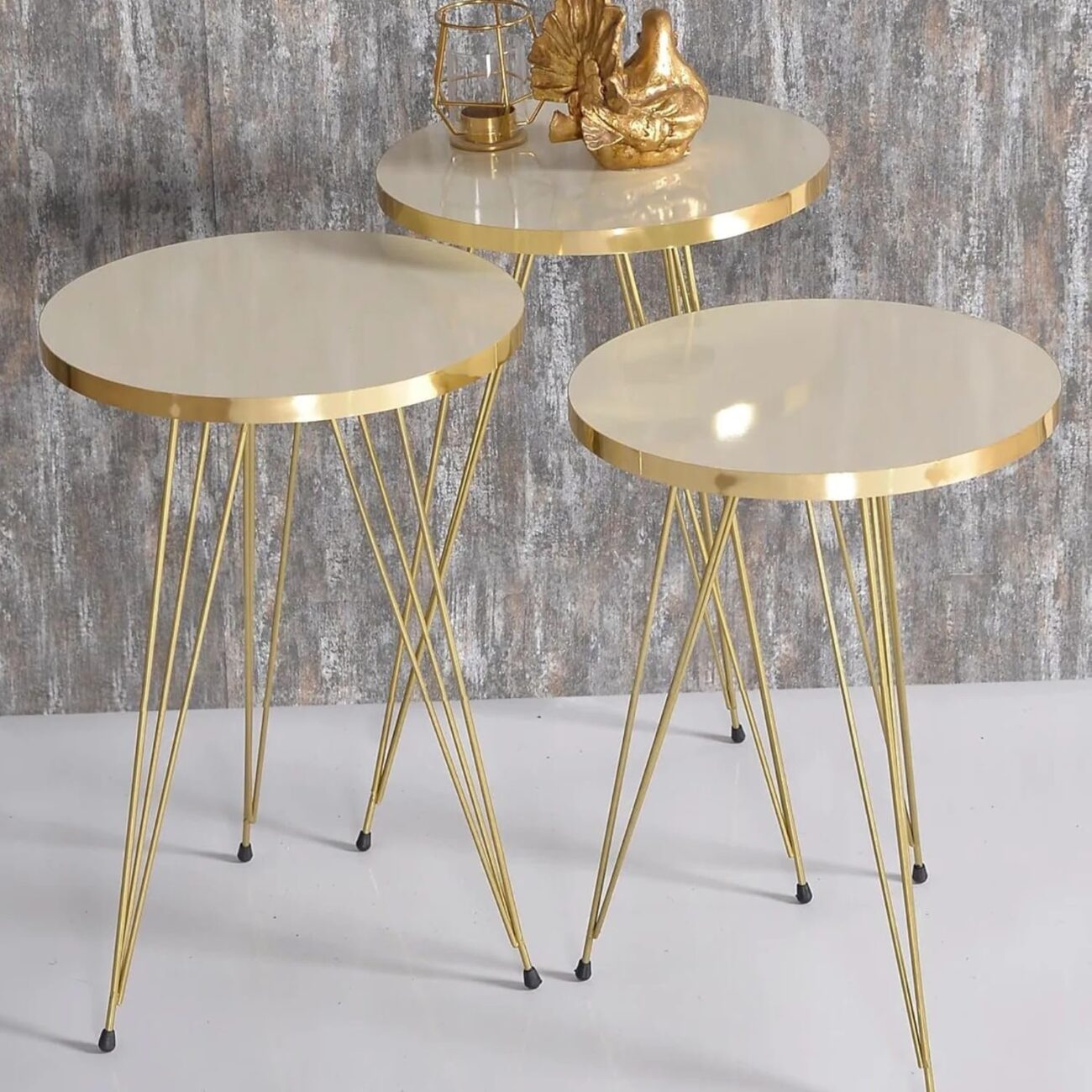 Set of 3 Nesting Table Elegant Round Top with Metal Golden Legs - Image 5