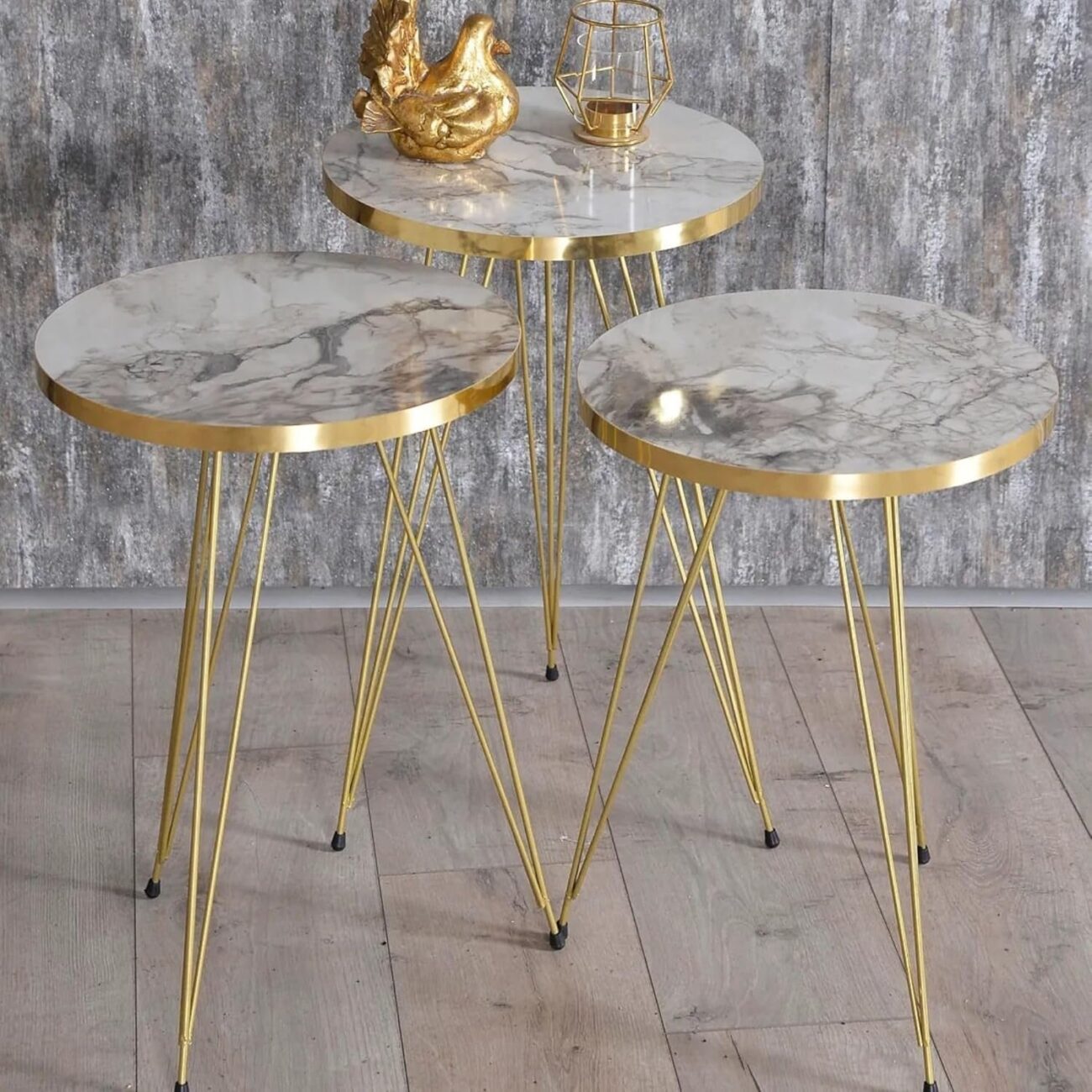 Set of 3 Nesting Table Elegant Round Top with Metal Golden Legs - Image 4
