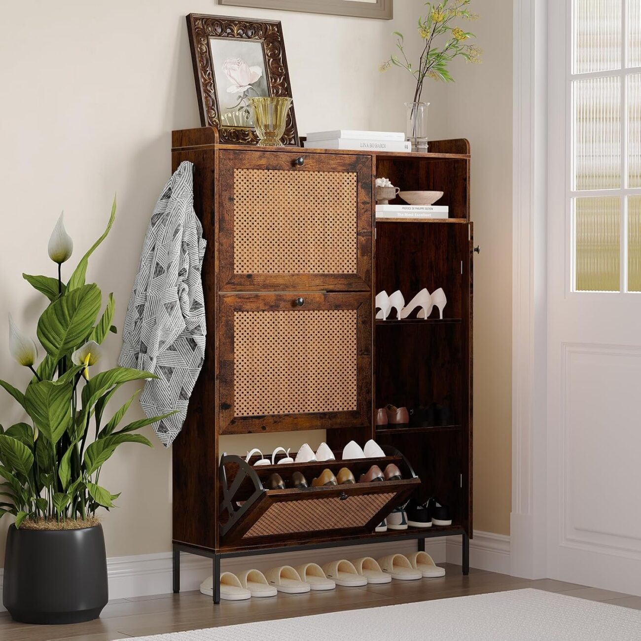 Shoe Storage Cabinet with 3 Flip-Out Drawers and 4 Open Shelves Side Cabinet