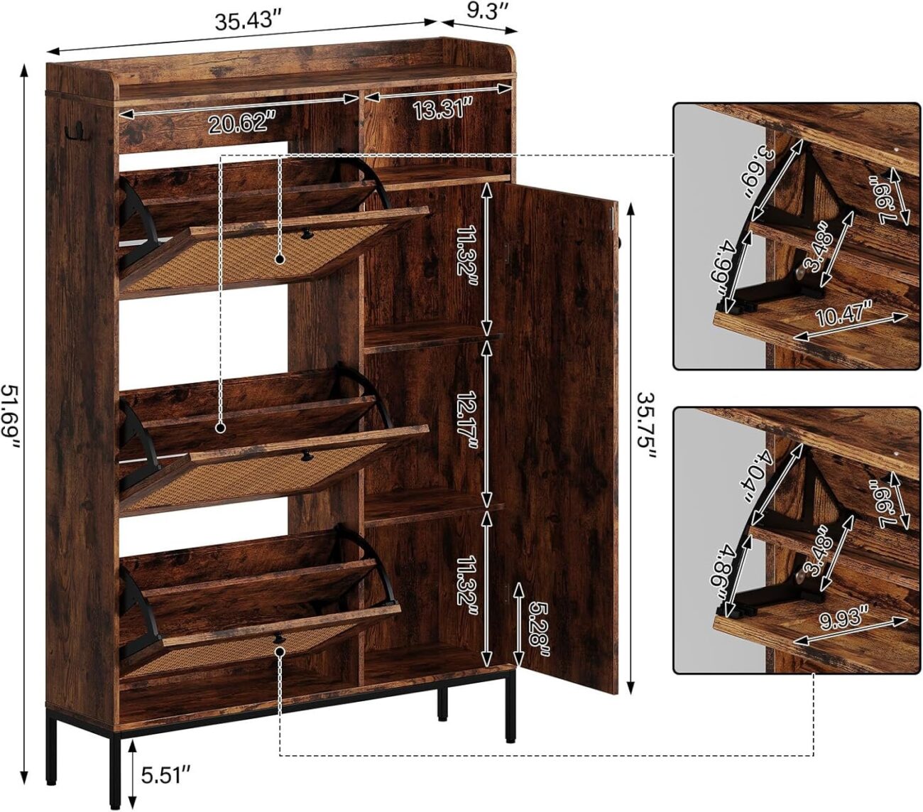 Shoe Storage Cabinet with 3 Flip-Out Drawers and 4 Open Shelves Side Cabinet - Image 4
