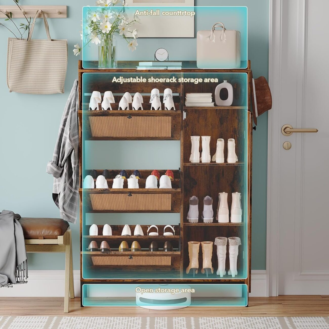 Shoe Storage Cabinet with 3 Flip-Out Drawers and 4 Open Shelves Side Cabinet - Image 2