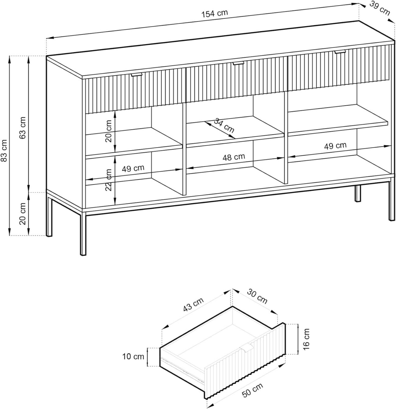 Three-Door Chest of Drawers 154 cm x 83 cm x 39 cm - Image 2
