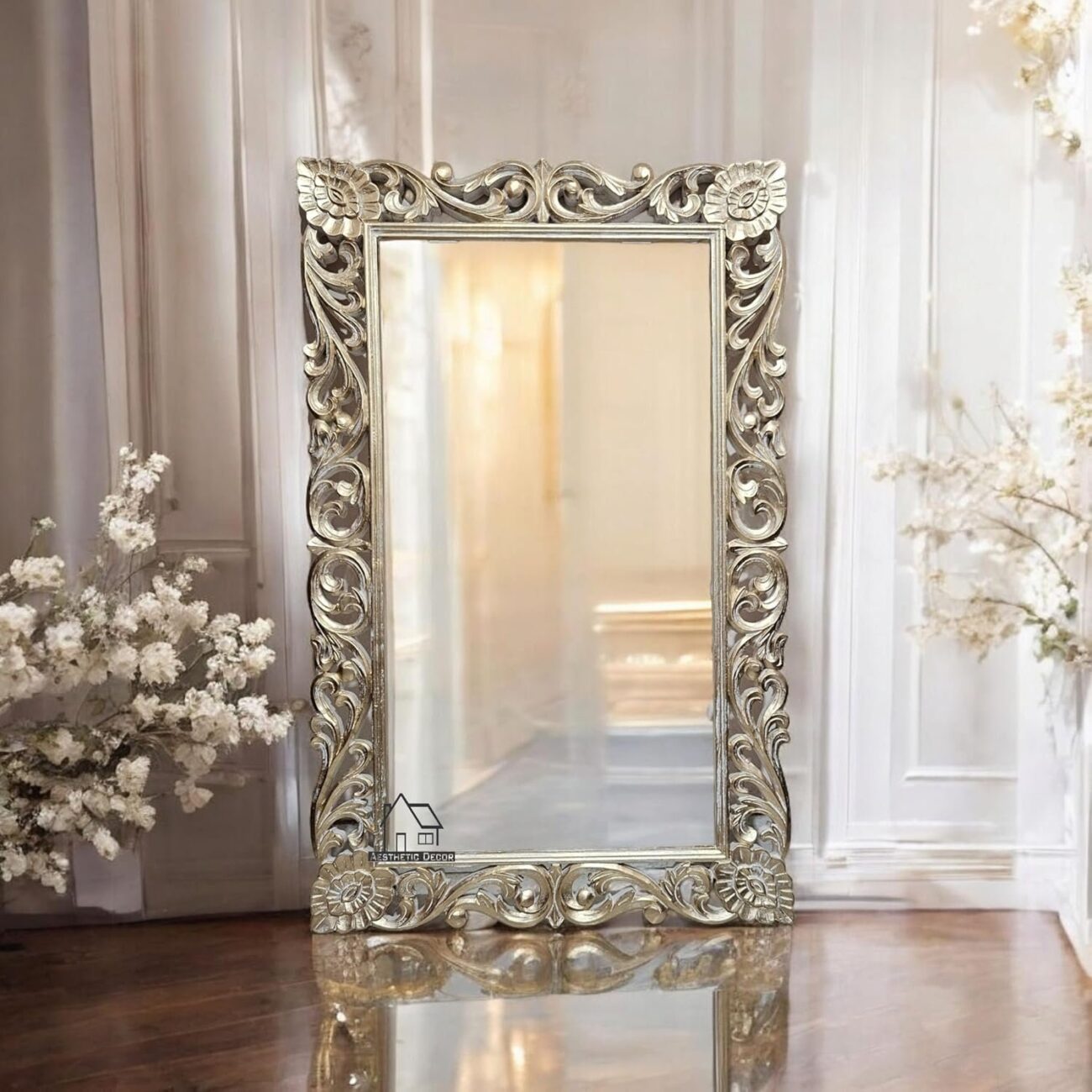 Aesthetic Wooden (4x2.5) ft Carved Wall Mirror Frame - Image 4
